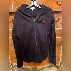 Black Zip-Up Hoodie with Red Logo